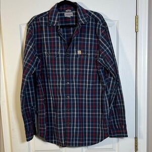 Carhartt Men's Navy and Red Plaid Shirt size LT